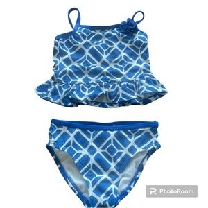Girl’s Blue And White Swim Suit Top With Bikini Bottoms Size 2T So Cute!